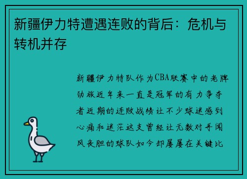 新疆伊力特遭遇连败的背后：危机与转机并存